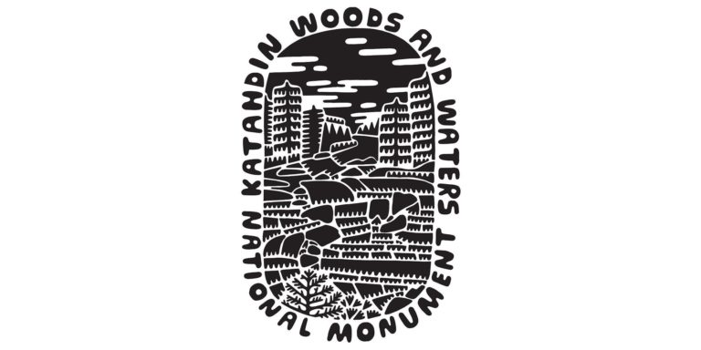 Black and white illustration of Katahdin Woods and Waters National Monument, featuring trees and rocky landscapes.