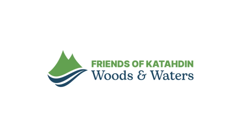 Logo of Friends of Katahdin featuring green mountains and blue water waves, with text below.