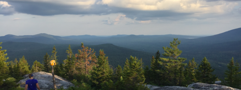 A person stands on a rocky overlook, gazing at a vast landscape of mountains and forests under a cloudy sky.