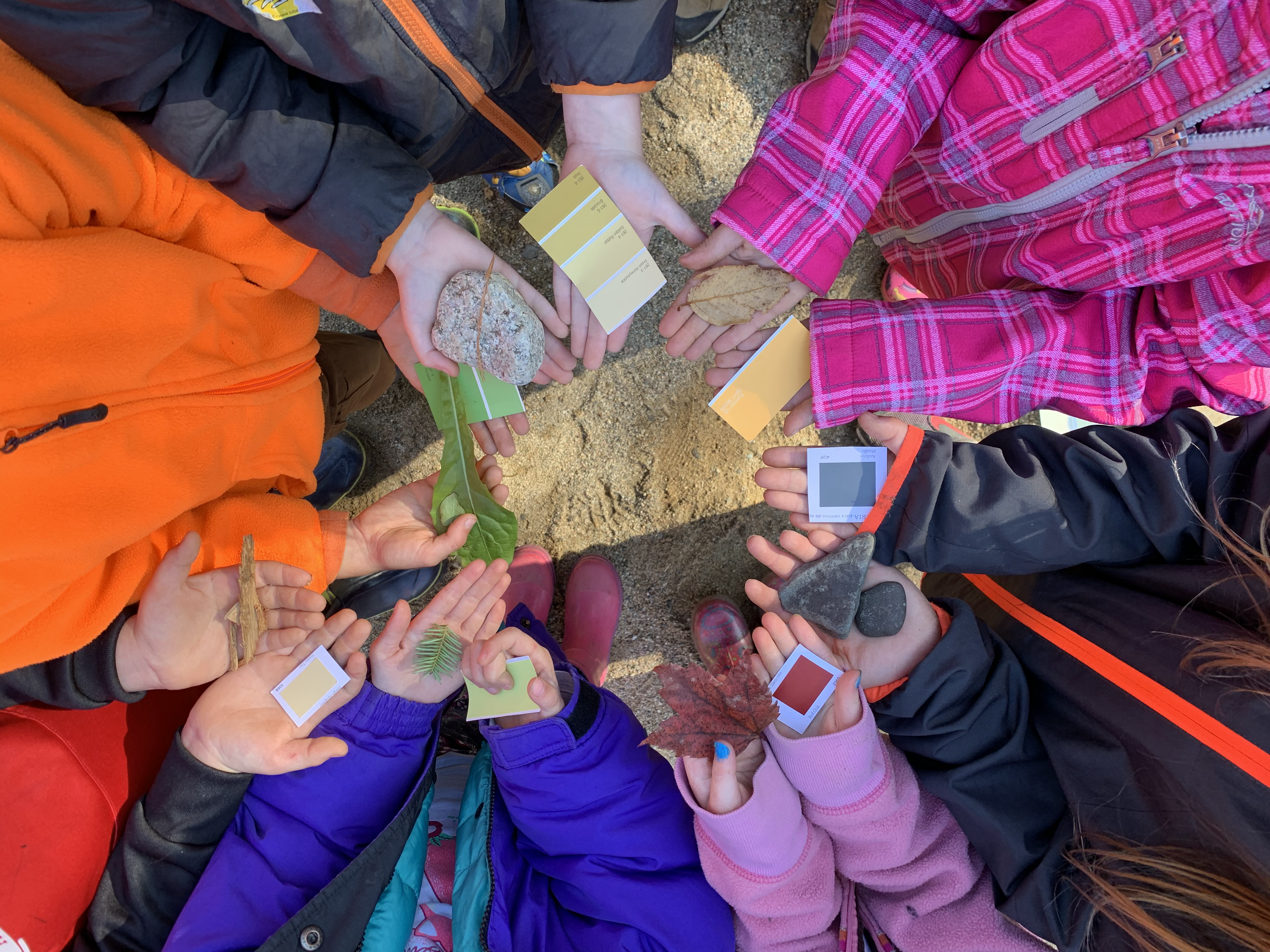 Students holding objects from nature they found in a variety of colors