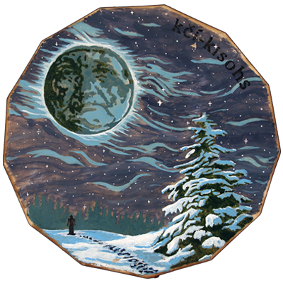A snowy landscape at night with a large moon, a pine tree, and a figure walking in the distance.