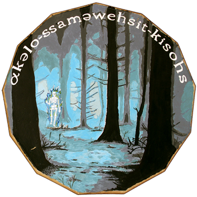 A mystical forest scene with dark trees and a glowing figure, framed by the text "əkəlo-ssaməwehsit-kisohs."