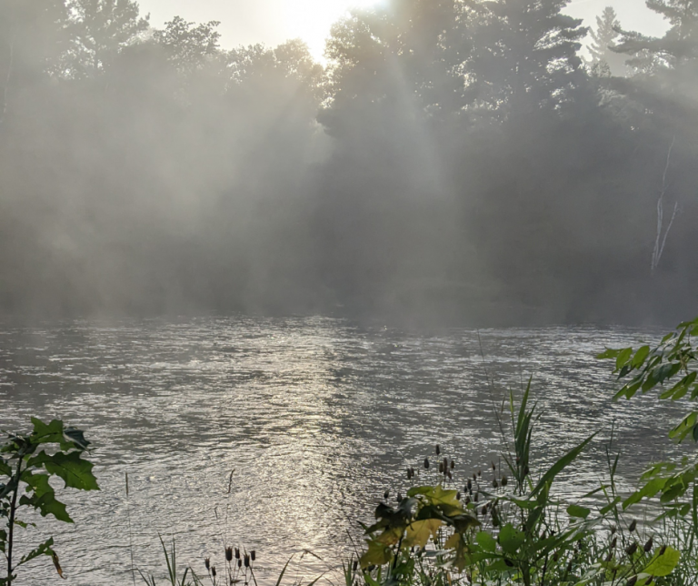 Misty river scene at dawn, with sunlight breaking through fog and silhouettes of trees in the background.