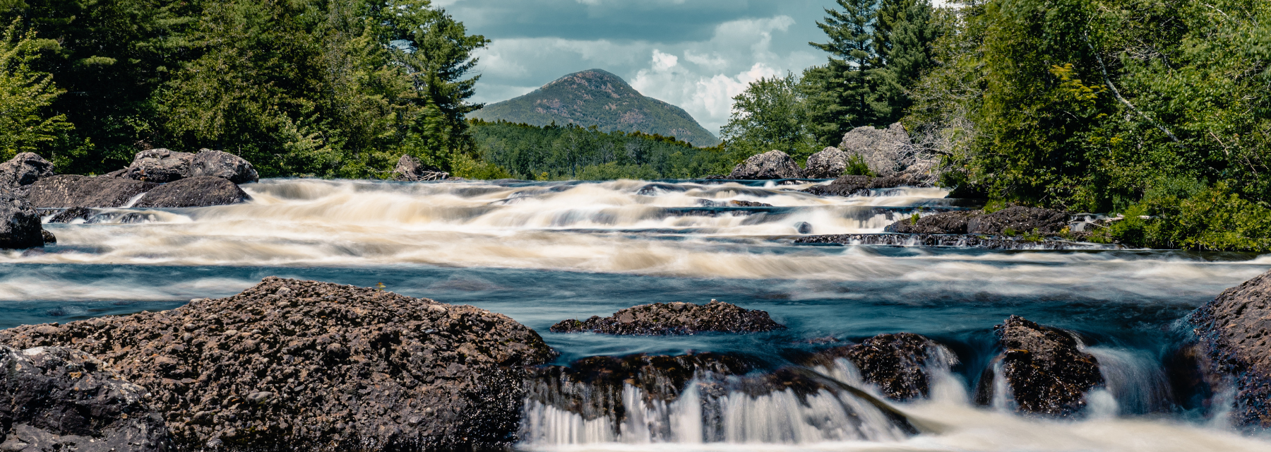 River rapids are framed by green deciduous trees with a mountain in the distance.