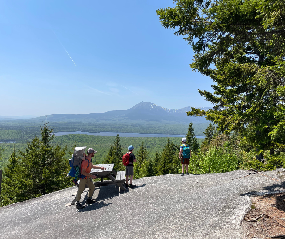 A father and children at a picnic table on a mountaintop.