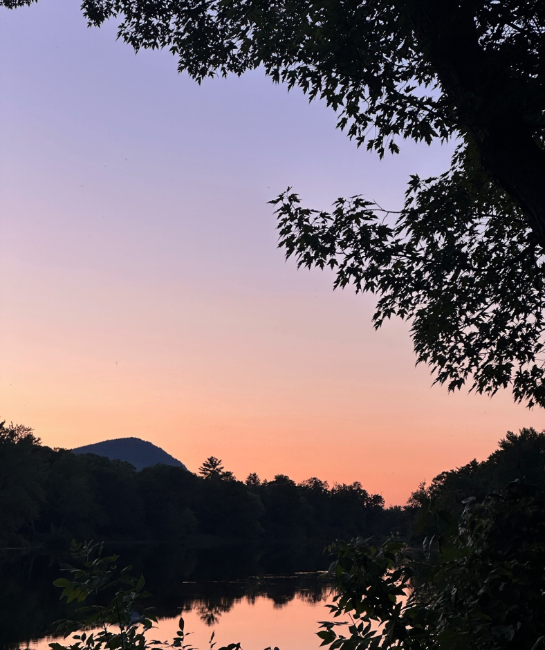 An orange sunset darkens to purple with dark leafy trees in the foreground, a mountain in the background, and a river reflecting all.