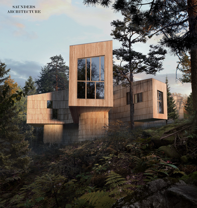 Modern wooden house with unique geometric shapes, surrounded by trees and lush greenery.