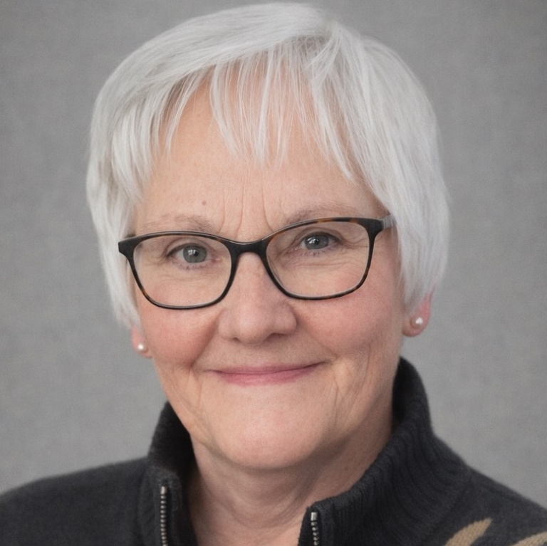 Smiling older woman with short, white hair, wearing glasses and a dark sweater, against a gray background.
