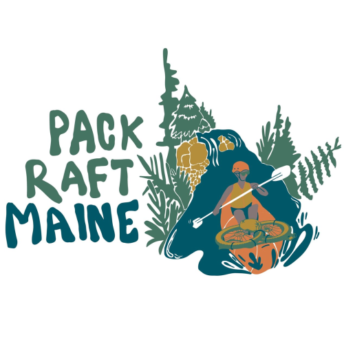 A person paddles a pack raft surrounded by trees and nature, with the text "PACK RAFT MAINE" in bold letters.