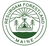 Circular logo featuring mountains, trees, and a sunrise, with "Resurgam Forestland" and "Maine" text at the bottom.