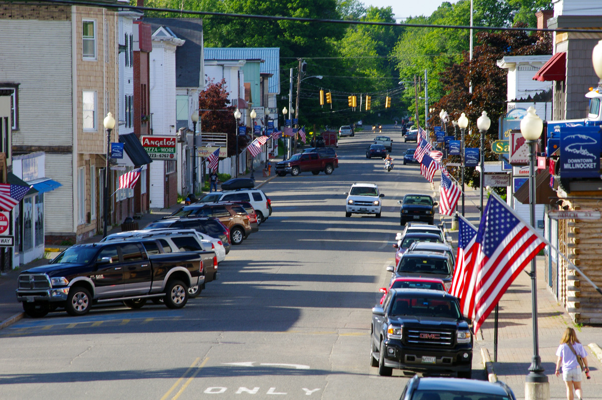 Downtown Millinocket main street with American flags