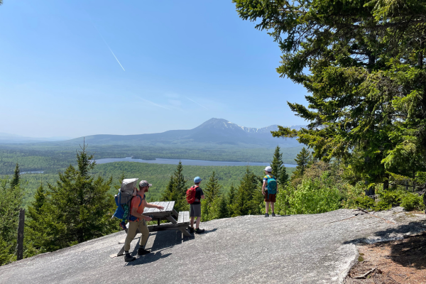 A family on a rocky mountaintop looking across a wooded landscape.