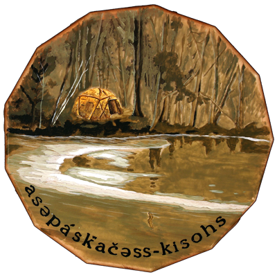 asəpaskʷačəss-kisohs - Moon when ice forms on the margins of lakes (Penobscot) drum painted by James E. Francis, Sr., Director of Cultural and Historic Preservation for the Penobscot Nation.