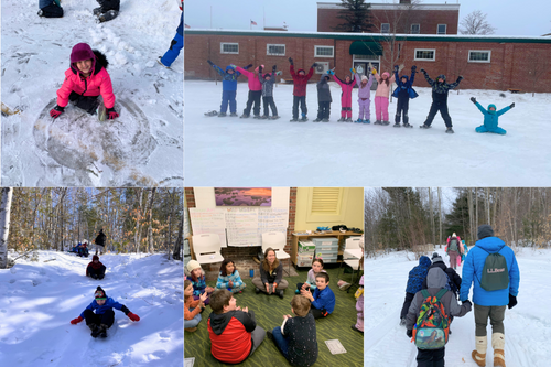 A photo montage of children playing in snow.