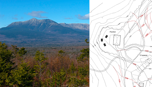 A photo of a large mountain from a distance, and a landscape plan rendering.
