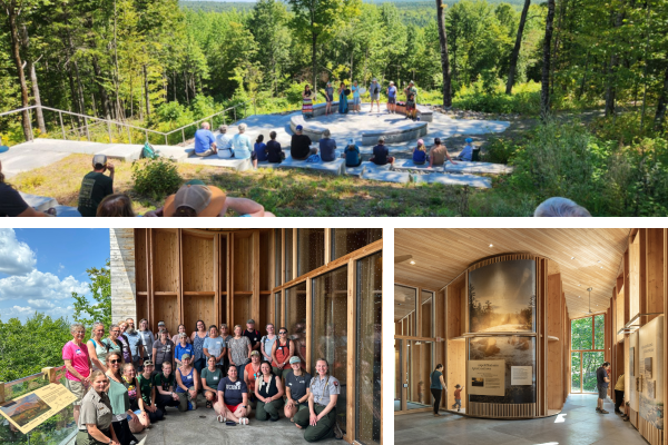 Three images: a crowd watches a musical performance in an outdoor amphitheater, a group of adults smile in a group photo on a balcony, and a family looks at exhibits in the contact station.