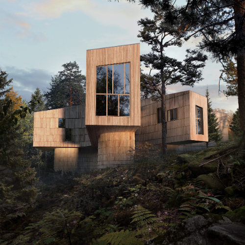 A wooden building with large windows, clad in cedar shingles, stands on a wooded hillside.