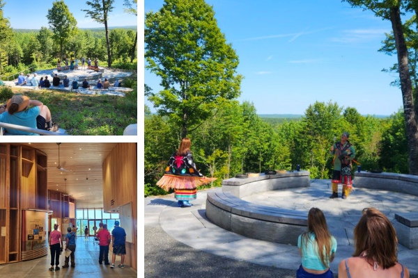 A montage of photos: a performance at a mountaintop outdoor amphitheater, a close of two Penobscot performers, and the interior of a visitor contact station.